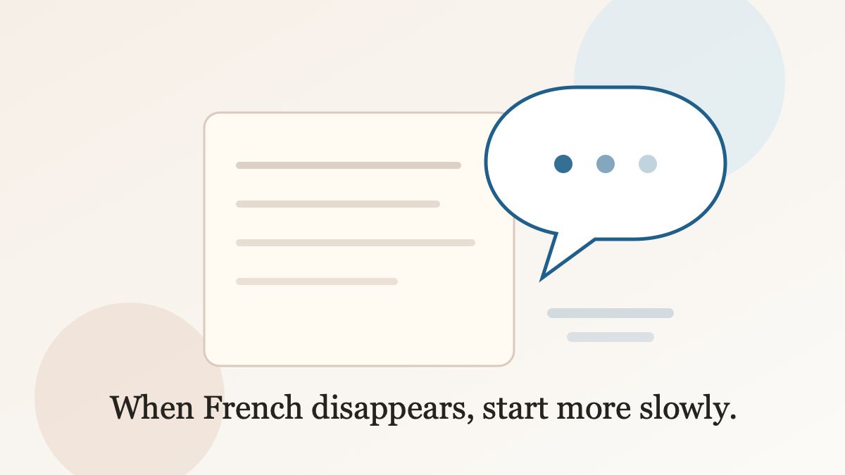 A page and a speech bubble illustrating the moment when French words disappear before speaking