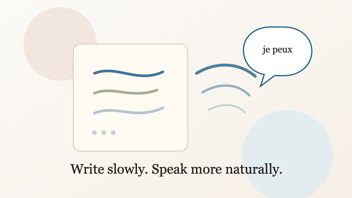 Notebook and speech bubble showing how writing helps prepare spoken French